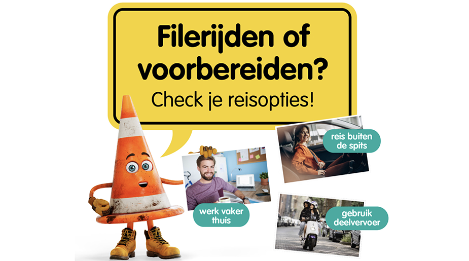 Illustratie met een verkeerspylon en tips om files te vermijden: thuiswerken, buiten de spits reizen en gebruik van deelvervoer.