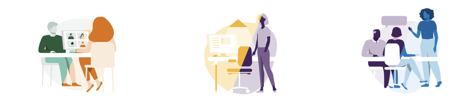 Illustratie van hybride werken met beeldbellen, een ergonomische werkplek en overleg op kantoor.