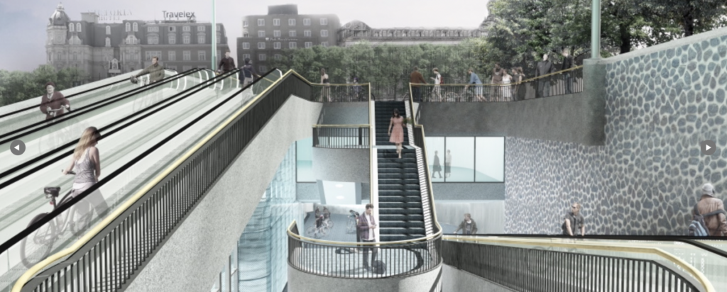 Ontwerptekening van een overdekte fietsenstalling in Amsterdam met rolbanden en trappen voor fietsers en voetgangers.