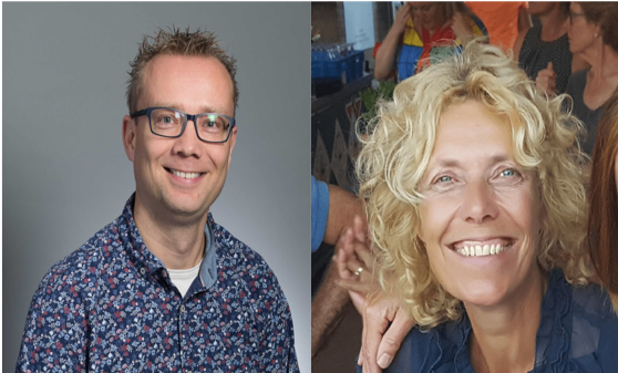 Twee medewerkers van de gemeente Amstelveen glimlachen naar de camera.