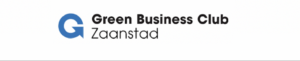 Logo van Green Business Club Zaanstad met een blauwe letter G en zwarte tekst.