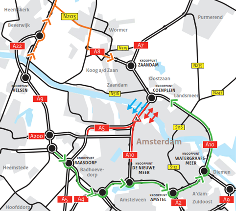 Kaart met omleidingsroutes en wegwerkzaamheden bij de Coentunnel in Amsterdam in 2025.